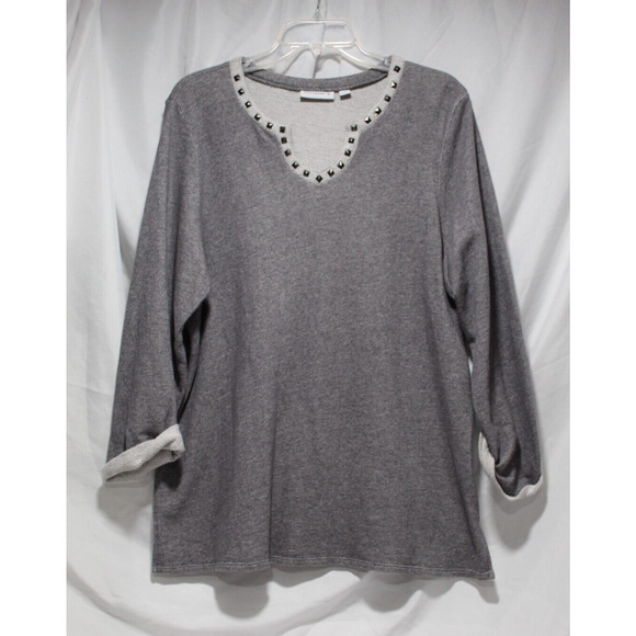 Susan Graver Women's L Gray Knit Top Sweetheart Studded Neck Rolled 3/4 Sleeve - Picture 1 of 12